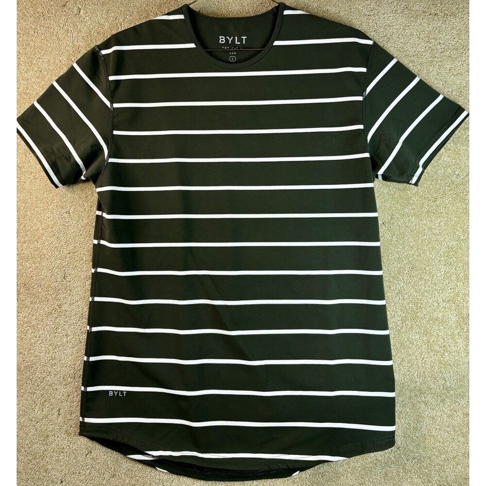 BYLT Men's Drop-Cut: Premium LUX Striped Large Dark Green T Shirt